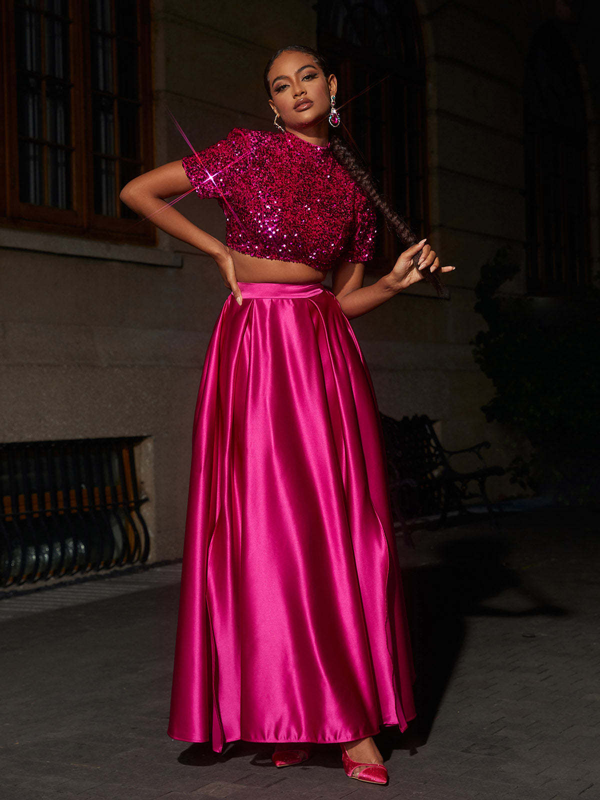 Pink Short Sleeve Split Maxi Skirt Set | Mix Mix Style [Hot Seller]-Mix MIx Style