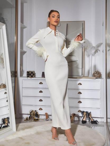 White Long Sleeve Feather Bandage Dress | Mix Mix Style [Hot Seller]-Mix MIx Style