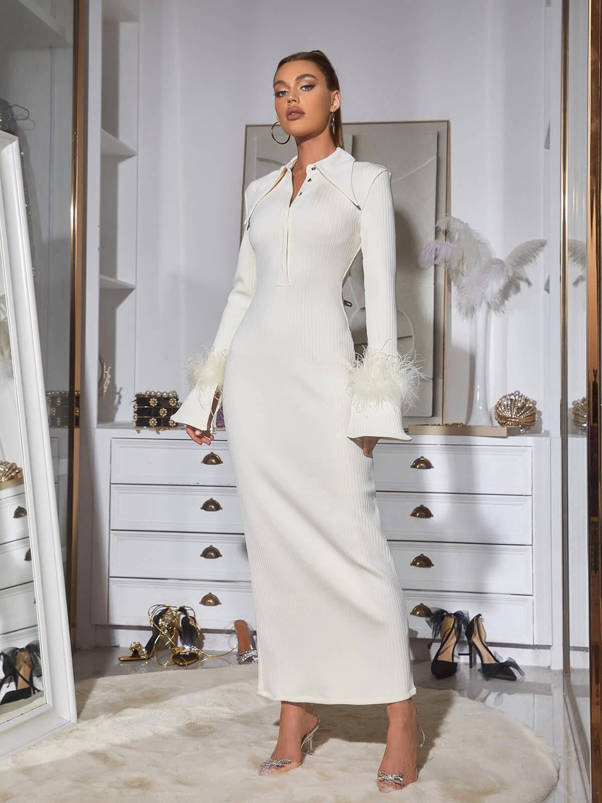 White Long Sleeve Feather Bandage Dress | Mix Mix Style [Hot Seller]-Mix MIx Style