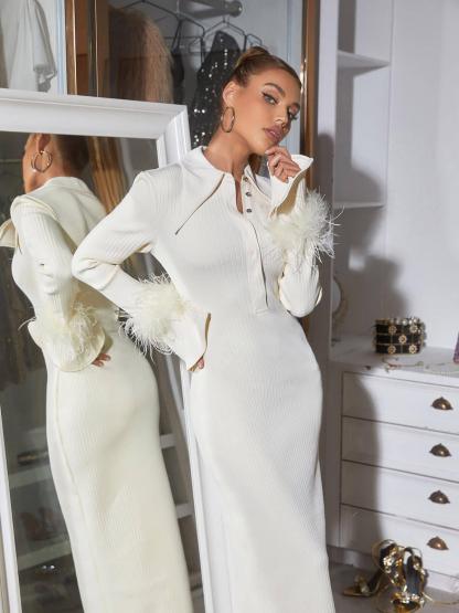 White Long Sleeve Feather Bandage Dress | Mix Mix Style [Hot Seller]-Mix MIx Style