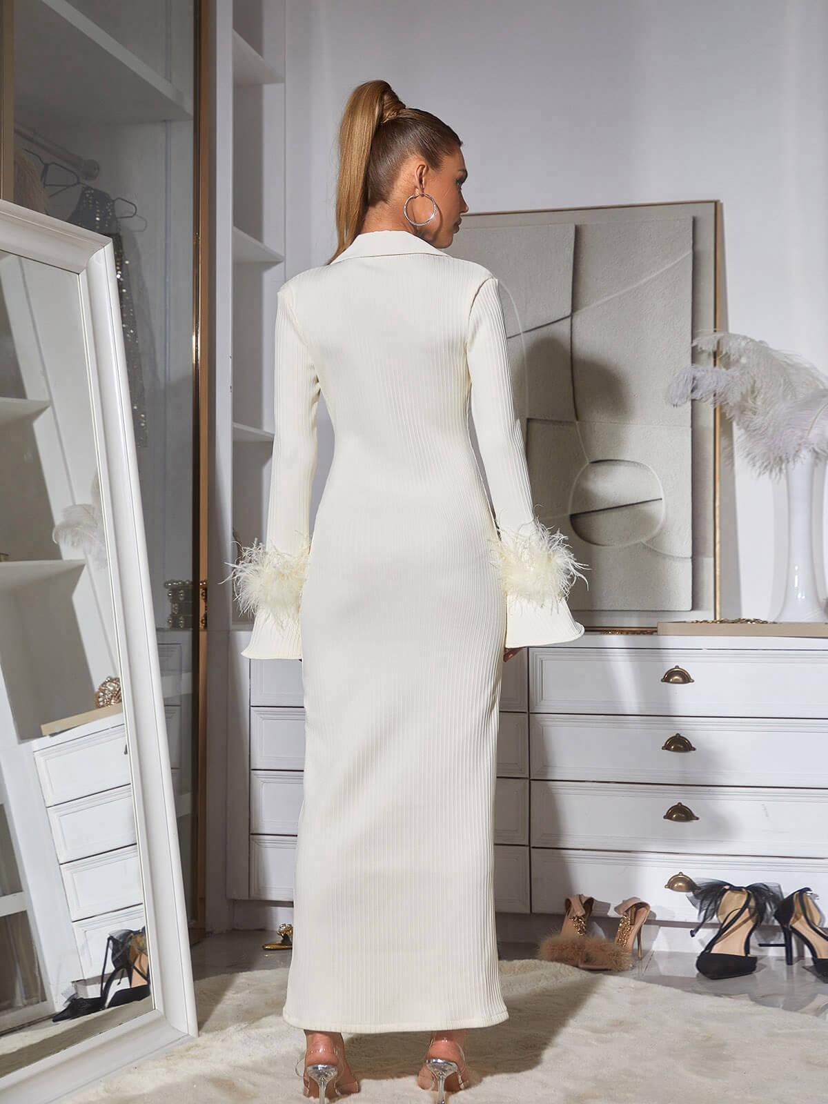 White Long Sleeve Feather Bandage Dress | Mix Mix Style [Hot Seller]-Mix MIx Style