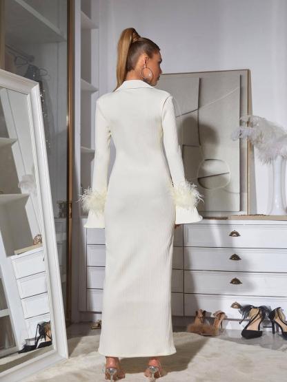 White Long Sleeve Feather Bandage Dress | Mix Mix Style [Hot Seller]-Mix MIx Style