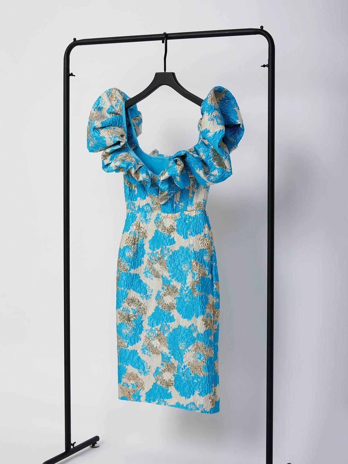 Blue Jacquard Off Shoulder Midi Dress | Mix Mix Style [Hot Seller]-Mix MIx Style