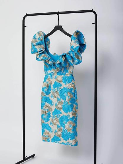 Blue Jacquard Off Shoulder Midi Dress | Mix Mix Style [Hot Seller]-Mix MIx Style