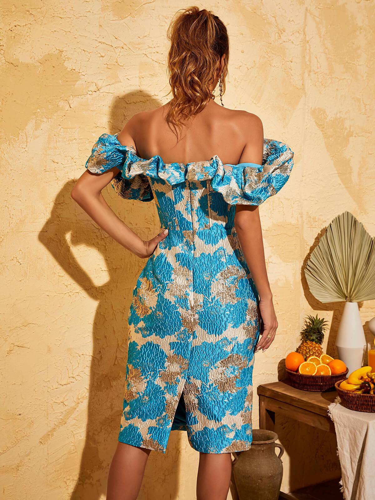 Blue Jacquard Off Shoulder Midi Dress | Mix Mix Style [Hot Seller]-Mix MIx Style