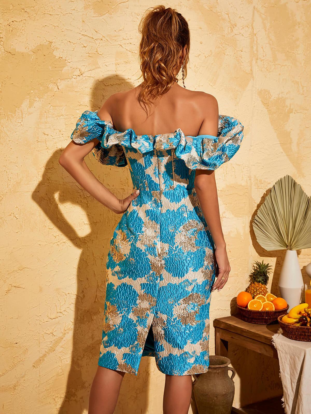Blue Jacquard Off Shoulder Midi Dress | Mix Mix Style [Hot Seller]-Mix MIx Style