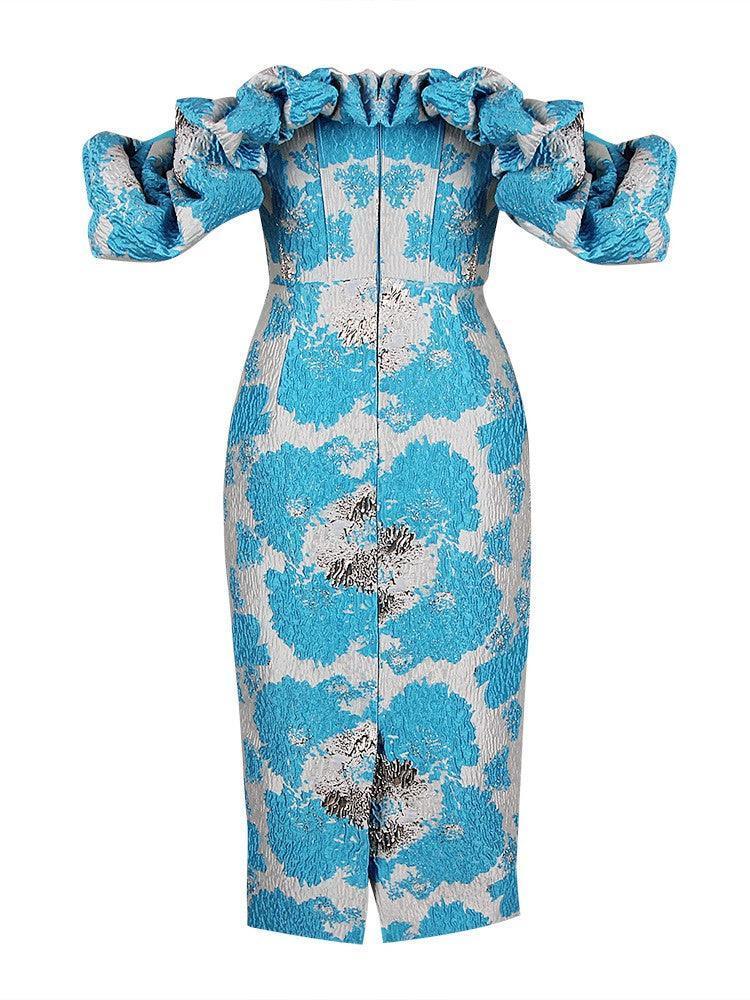 Blue Jacquard Off Shoulder Midi Dress | Mix Mix Style [Hot Seller]-Mix MIx Style
