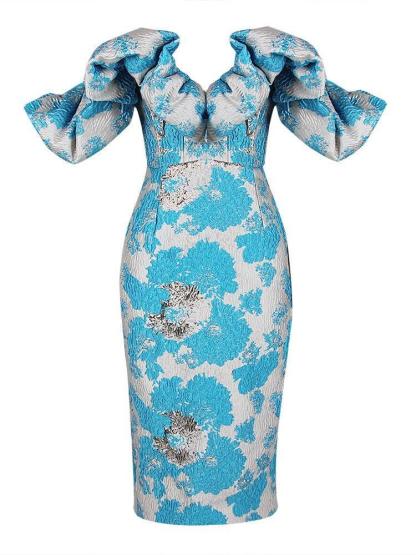 Blue Jacquard Off Shoulder Midi Dress | Mix Mix Style [Hot Seller]-Mix MIx Style