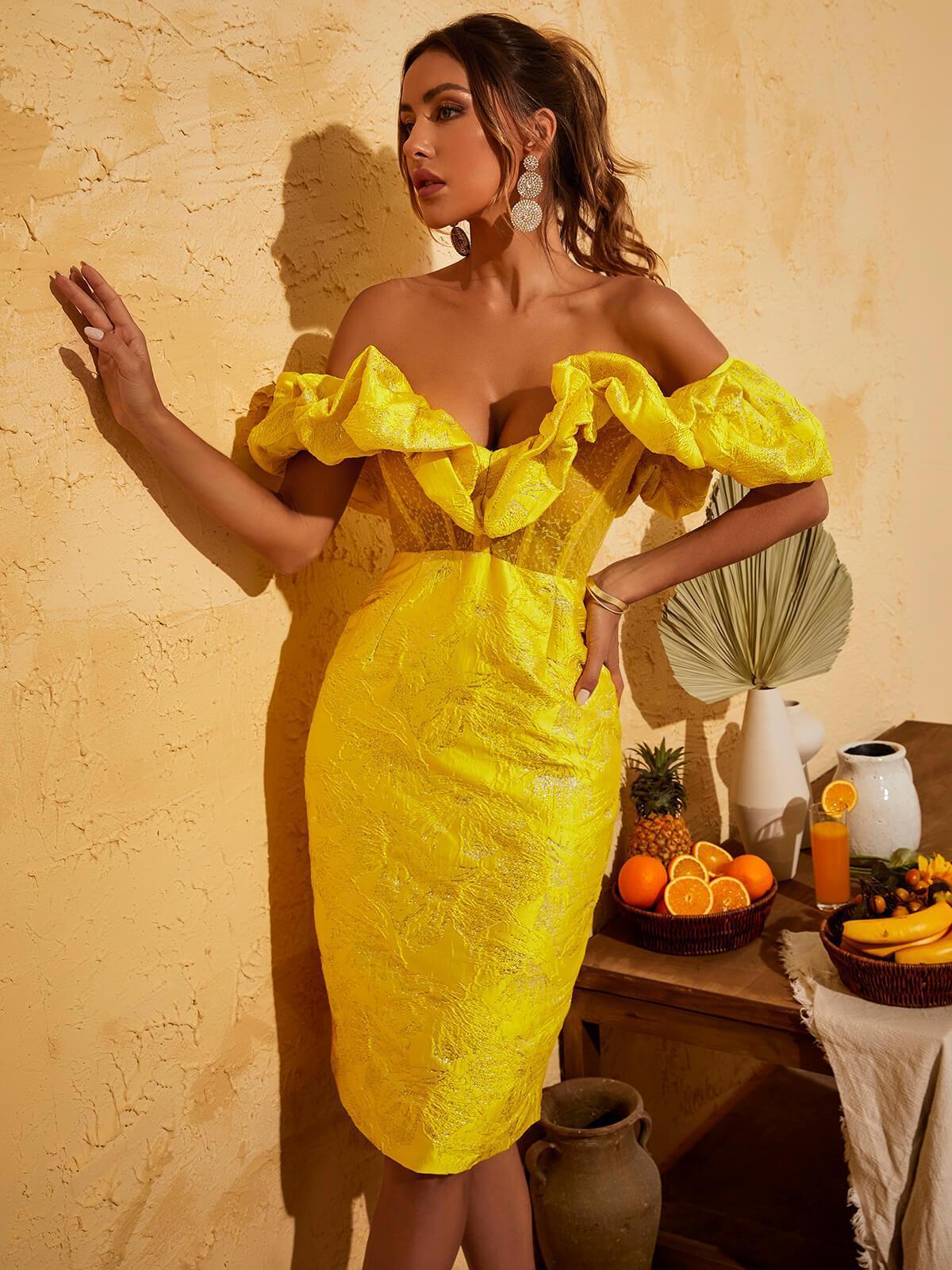 Giselle Jacquard Off Shoulder Midi Dress In Yellow-Mix MIx Style