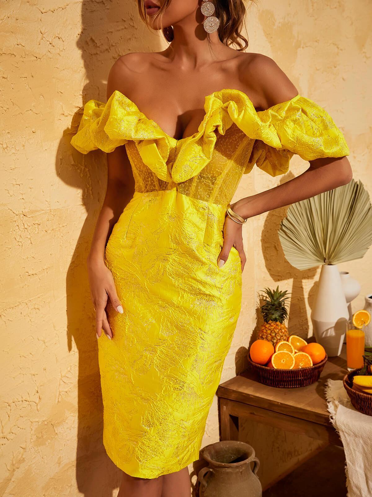 Giselle Jacquard Off Shoulder Midi Dress In Yellow-Mix MIx Style