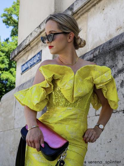Giselle Jacquard Off Shoulder Midi Dress In Yellow-Mix MIx Style