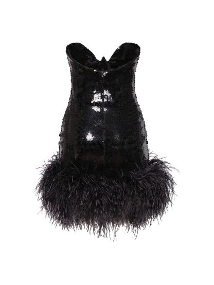 Black Strapless Sequin Feather Trimmed Mini Dress | Mix Mix Style [Hot Seller]-Mix MIx Style