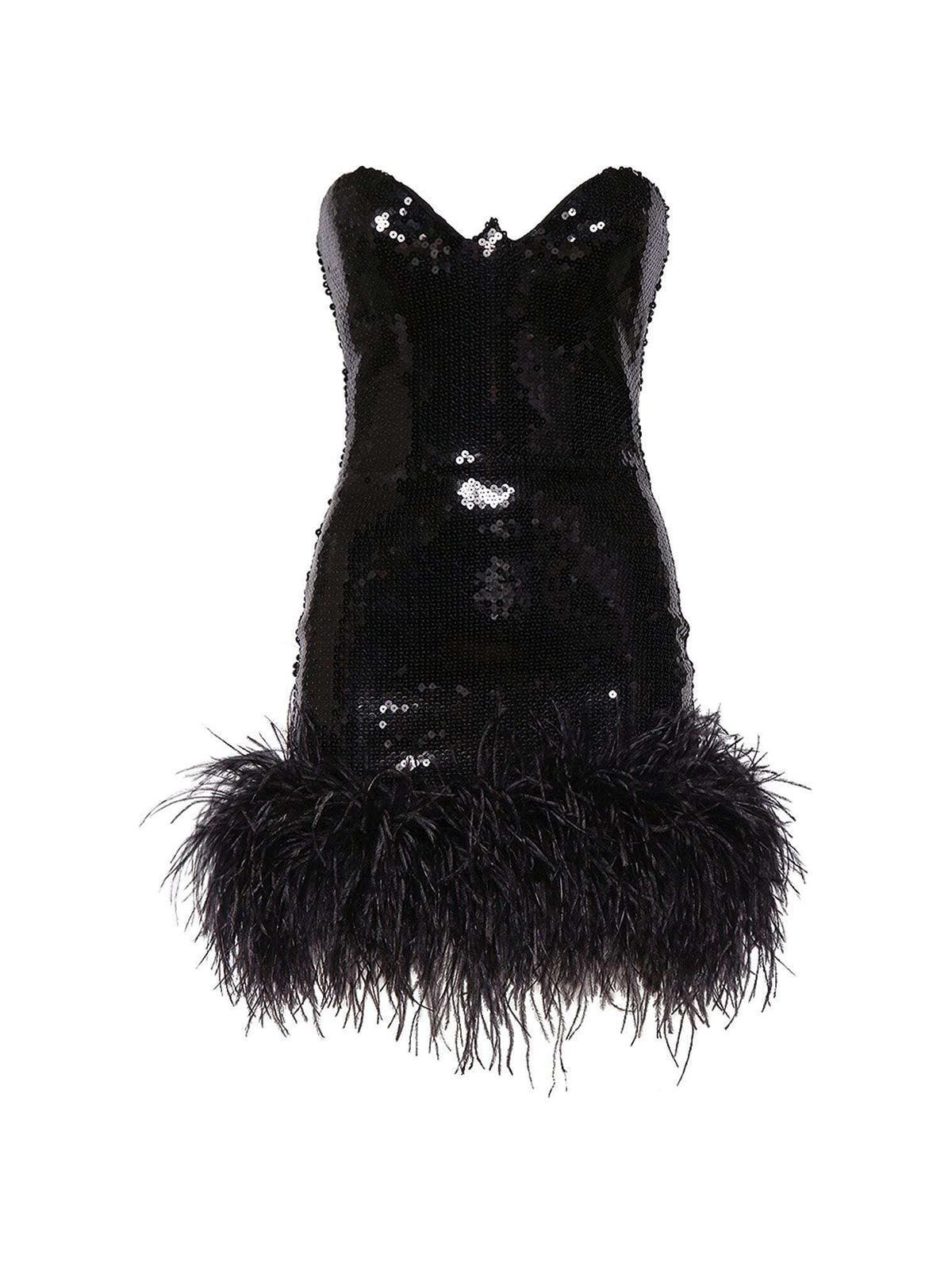Black Strapless Sequin Feather Trimmed Mini Dress | Mix Mix Style [Hot Seller]-Mix MIx Style