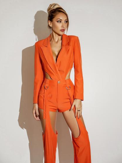 Orange Long Sleeve Cutout Blazer Set | Mix Mix Style [Hot Seller]-Mix MIx Style