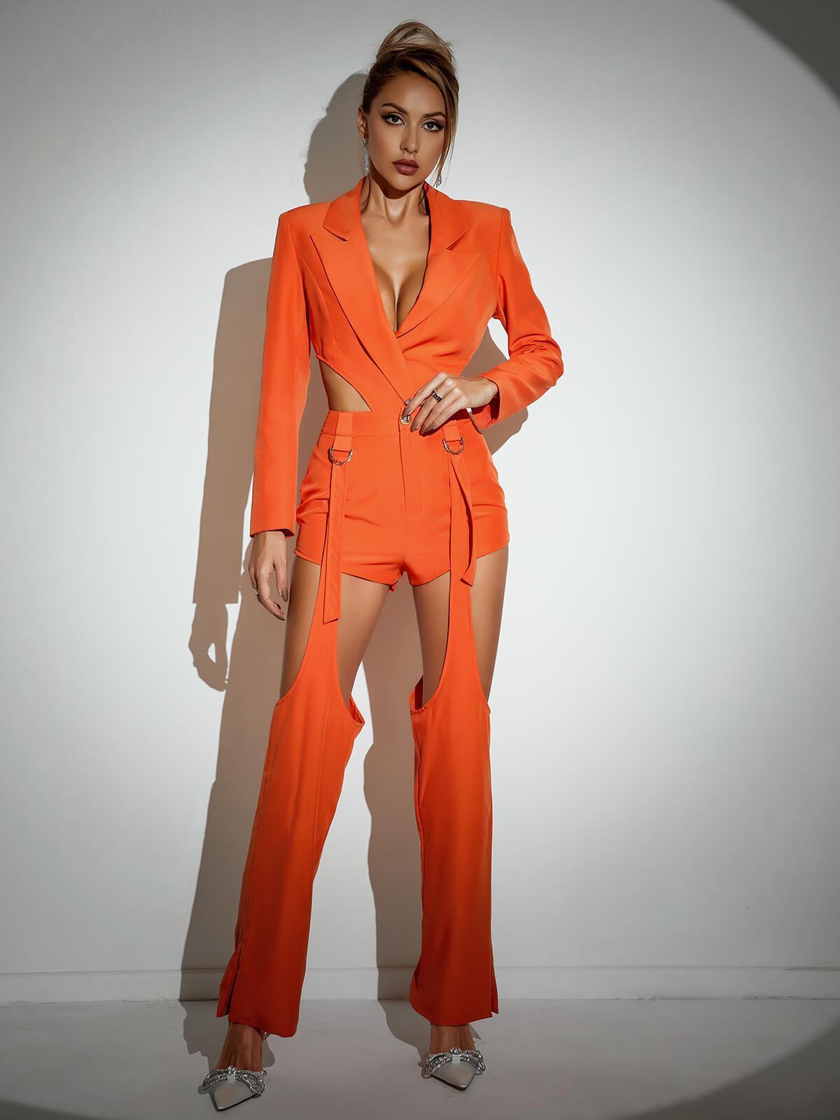 Orange Long Sleeve Cutout Blazer Set | Mix Mix Style [Hot Seller]-Mix MIx Style