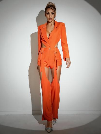 Orange Long Sleeve Cutout Blazer Set | Mix Mix Style [Hot Seller]-Mix MIx Style