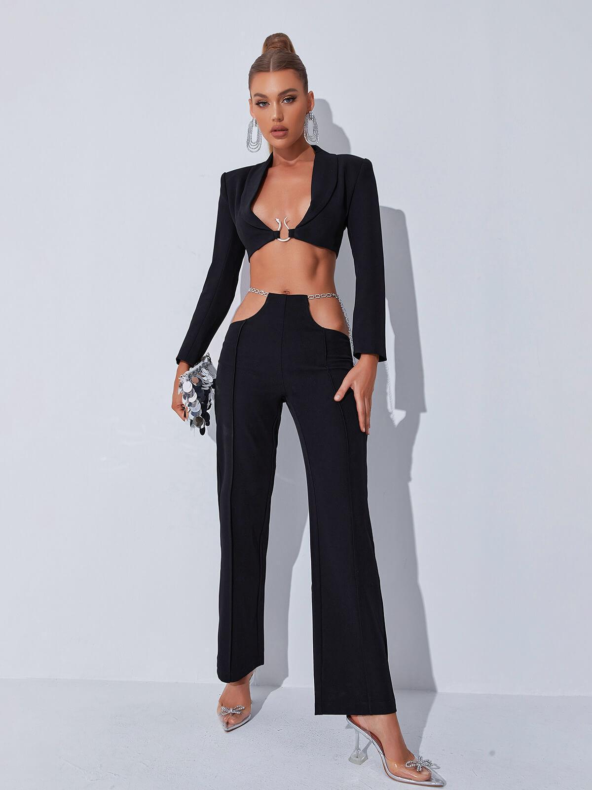 Black Long Sleeve Plunge Chain Cutout Blazer Set | Mix Mix Style [Hot Seller]-Mix MIx Style