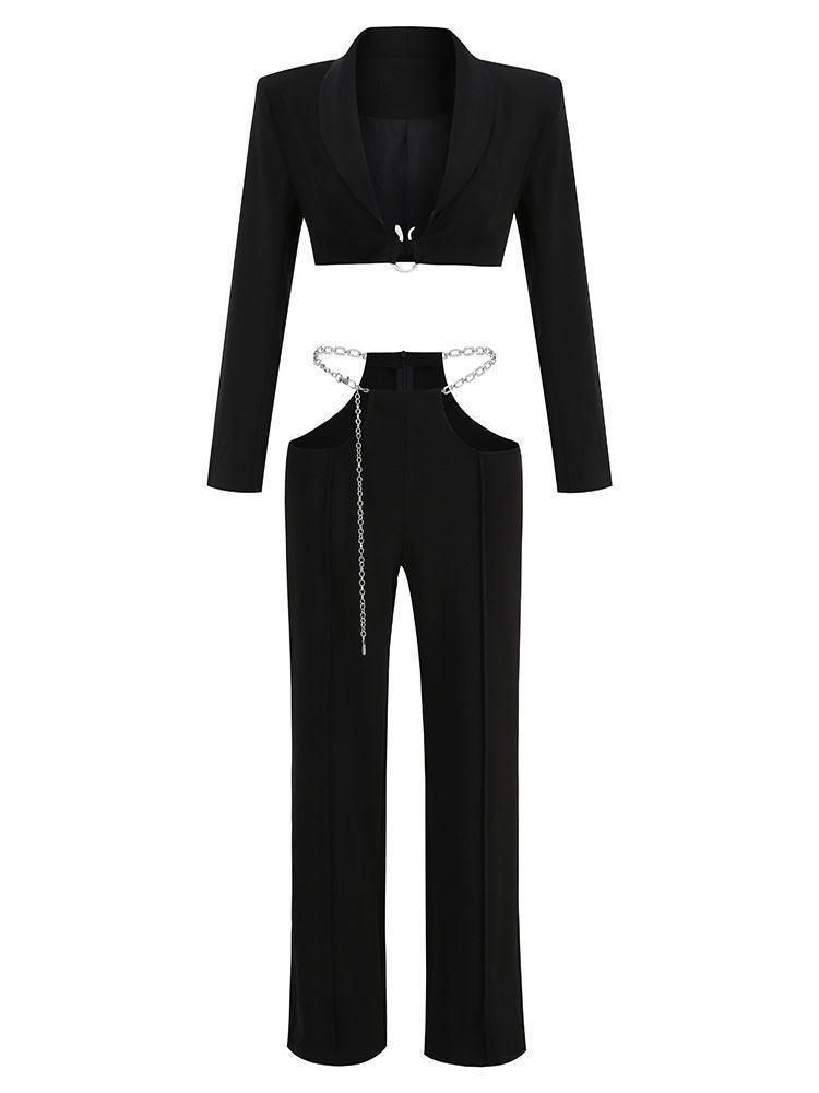 Black Long Sleeve Plunge Chain Cutout Blazer Set | Mix Mix Style [Hot Seller]-Mix MIx Style