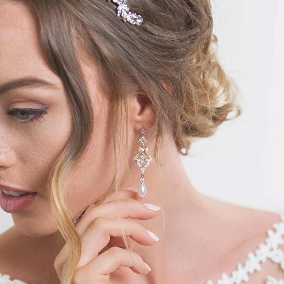 Vintage Pearl Long Drop Moissanite 18K White Gold Earrings | Mix Mix Style [Hot Seller]-Mix MIx Style