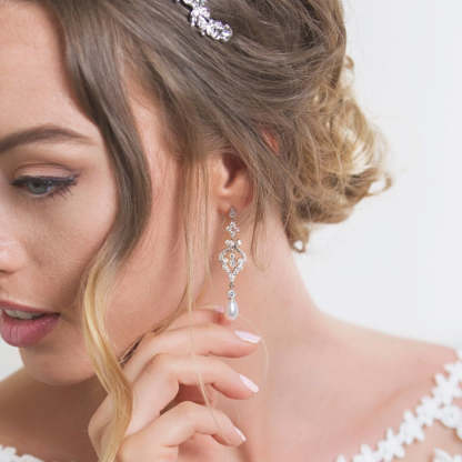 Vintage Pearl Long Drop Moissanite 18K White Gold Earrings | Mix Mix Style [Hot Seller]-Mix MIx Style