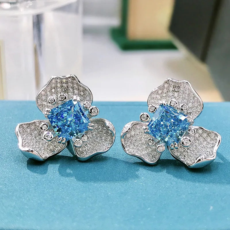 Blue & White Flower Trendy Radiant Cut Moissanite Diamond Elegant 18k White Gold Plated Stud Earrings | Mix Mix Style