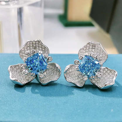 Blue & White Flower Trendy Radiant Cut Moissanite Diamond Elegant 18k White Gold Plated Stud Earrings | Mix Mix Style