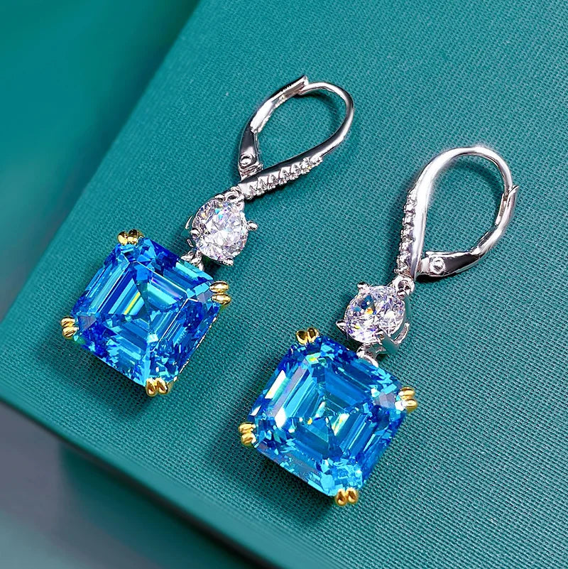 Dainty Trendy Blue Asscher Cut Moissanite Diamond Elegant 18k White Gold Plated Drop Earrings | Mix Mix Style