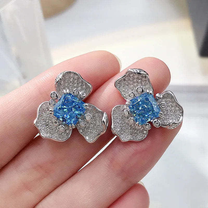 Blue & White Flower Trendy Radiant Cut Moissanite Diamond Elegant 18k White Gold Plated Stud Earrings | Mix Mix Style