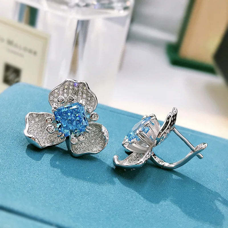 Blue & White Flower Trendy Radiant Cut Moissanite Diamond Elegant 18k White Gold Plated Stud Earrings | Mix Mix Style