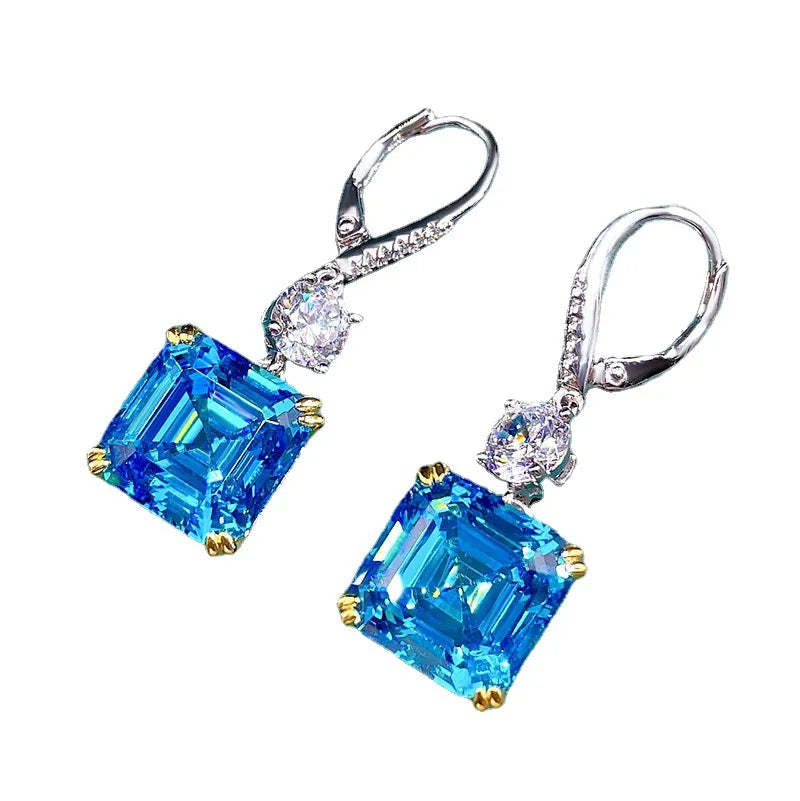 Blue Trendy Timeless Asscher Cut Moissanite Diamond Elegant 18k White Gold Plated Drop Earrings | Mix Mix Style