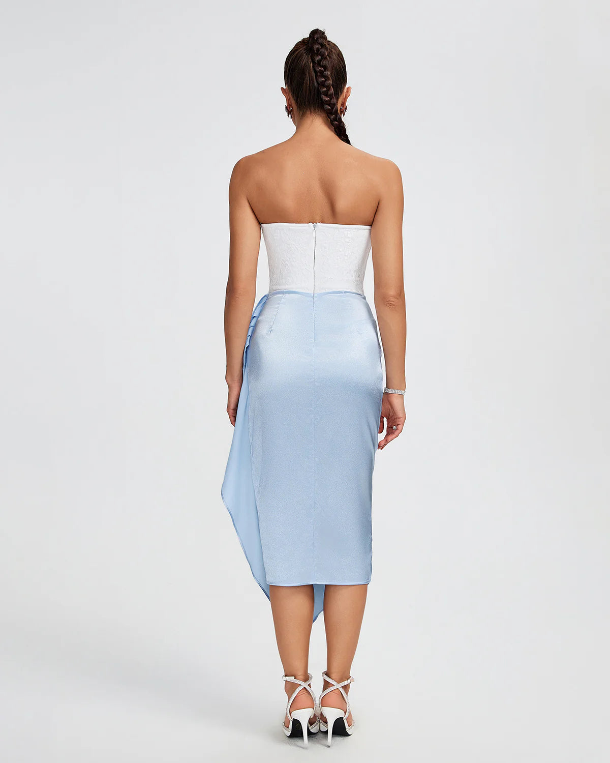 White & Ligh Blue strapless Draped ruched irregular Lace Bustier birthday summer Midi Dress | Mix Mix Style