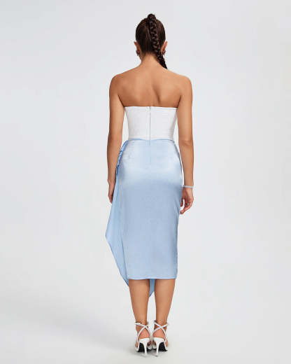 White & Ligh Blue strapless Draped ruched irregular Lace Bustier birthday summer Midi Dress | Mix Mix Style