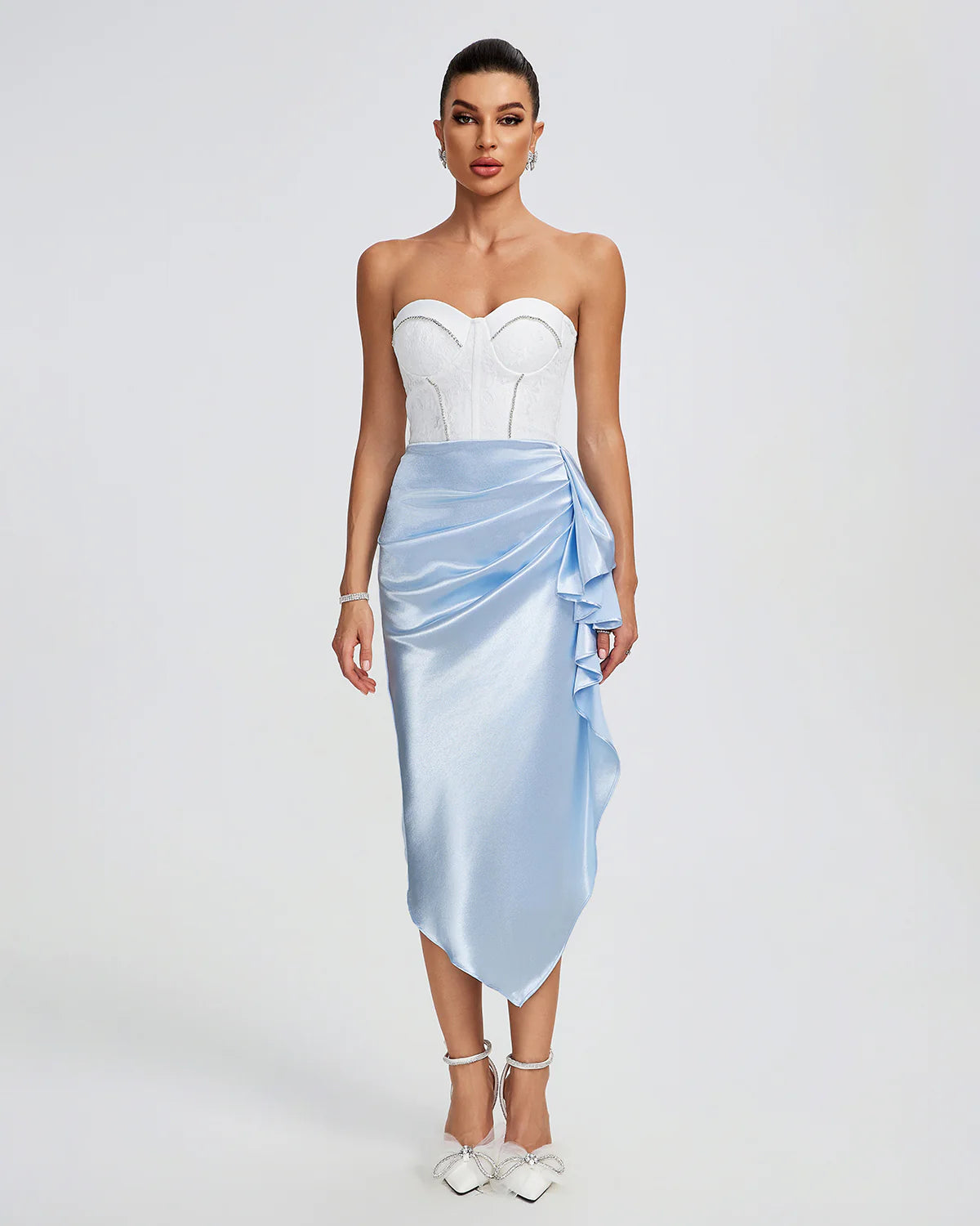 White & Ligh Blue strapless Draped ruched irregular Lace Bustier birthday summer Midi Dress | Mix Mix Style