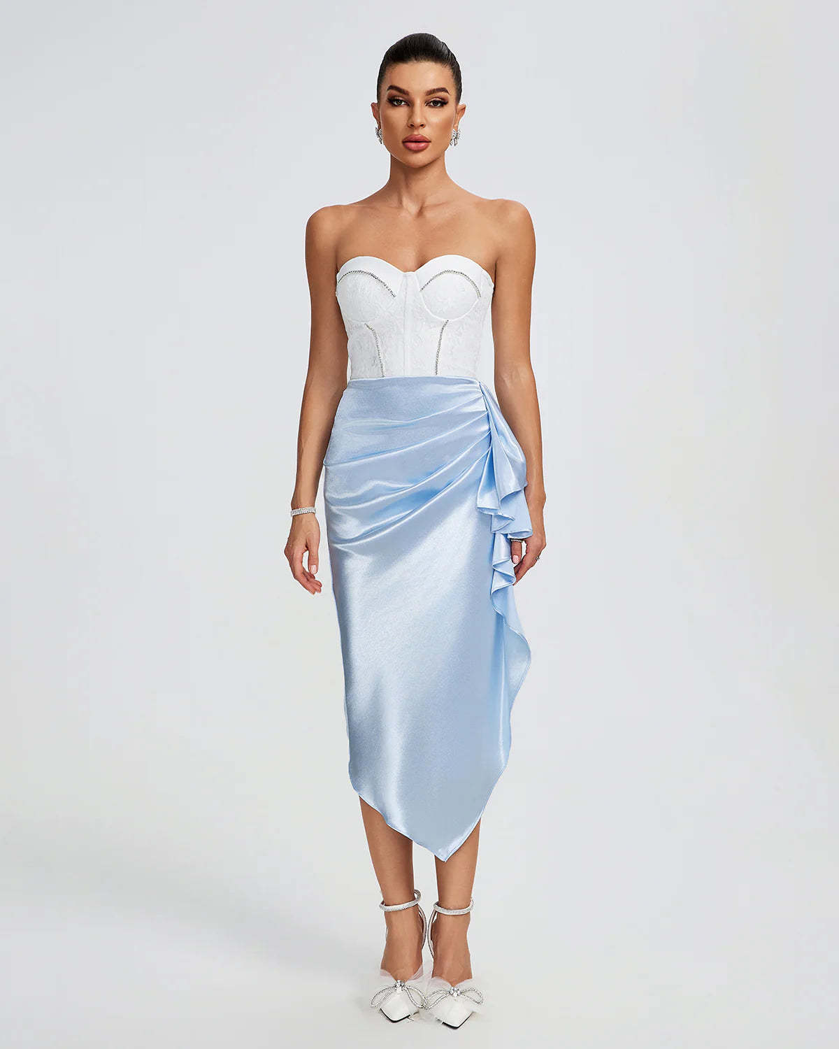 White & Ligh Blue strapless Draped ruched irregular Lace Bustier birthday summer Midi Dress | Mix Mix Style-Mix MIx Style