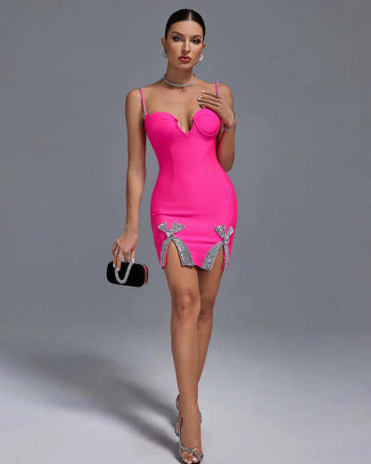 Pink Cleavage Strappy Bow Diamonds Bandage Valentine Birthday Mini Dress | Mix Mix Style