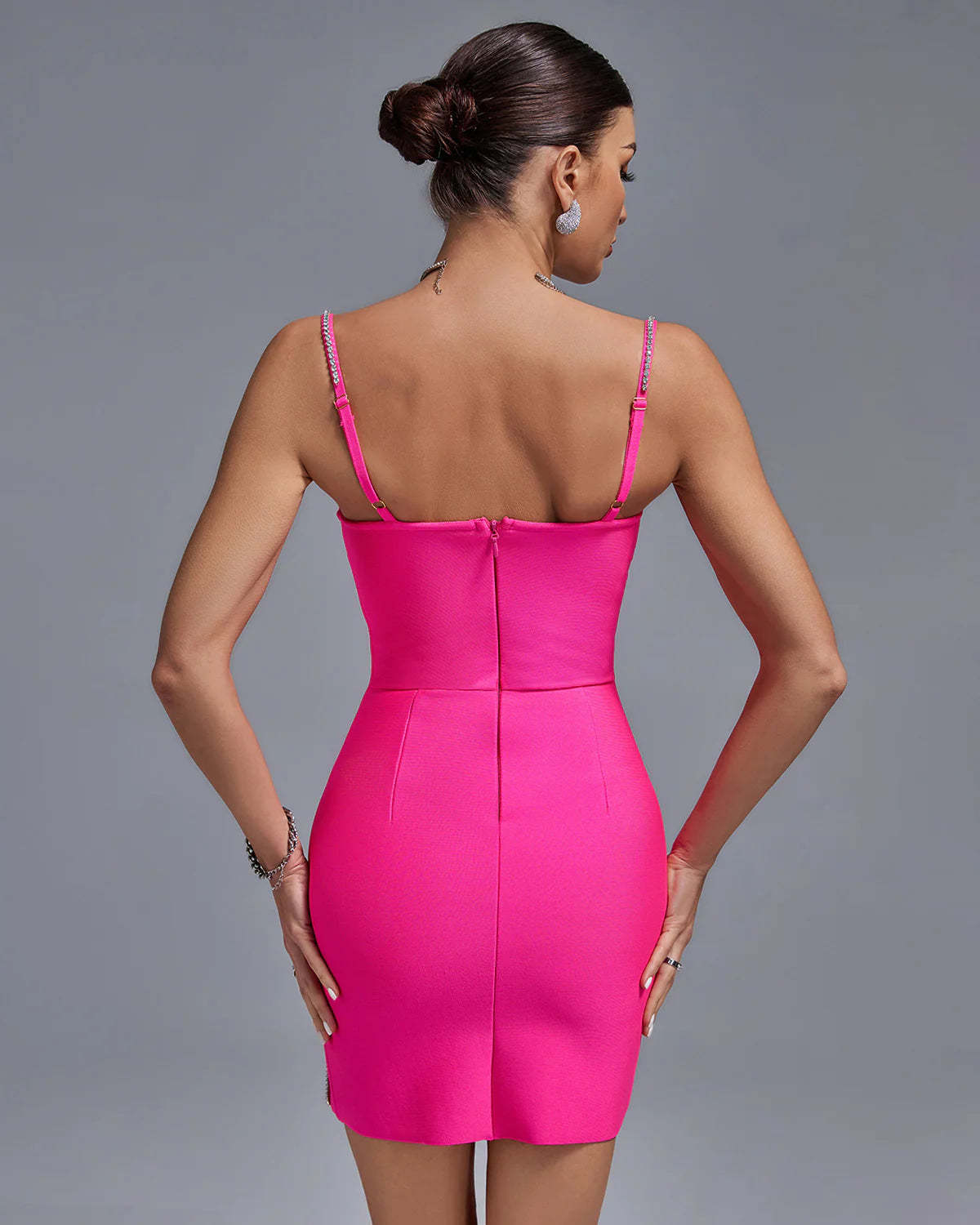 Pink Cleavage Strappy Bow Diamonds Bandage Valentine Birthday Mini Dress | Mix Mix Style