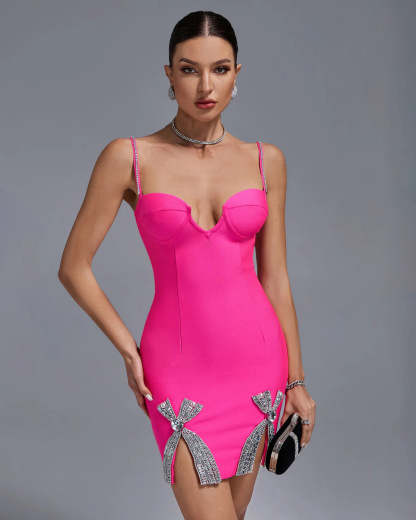 Pink Cleavage Strappy Bow Diamonds Bandage Valentine Birthday Mini Dress | Mix Mix Style
