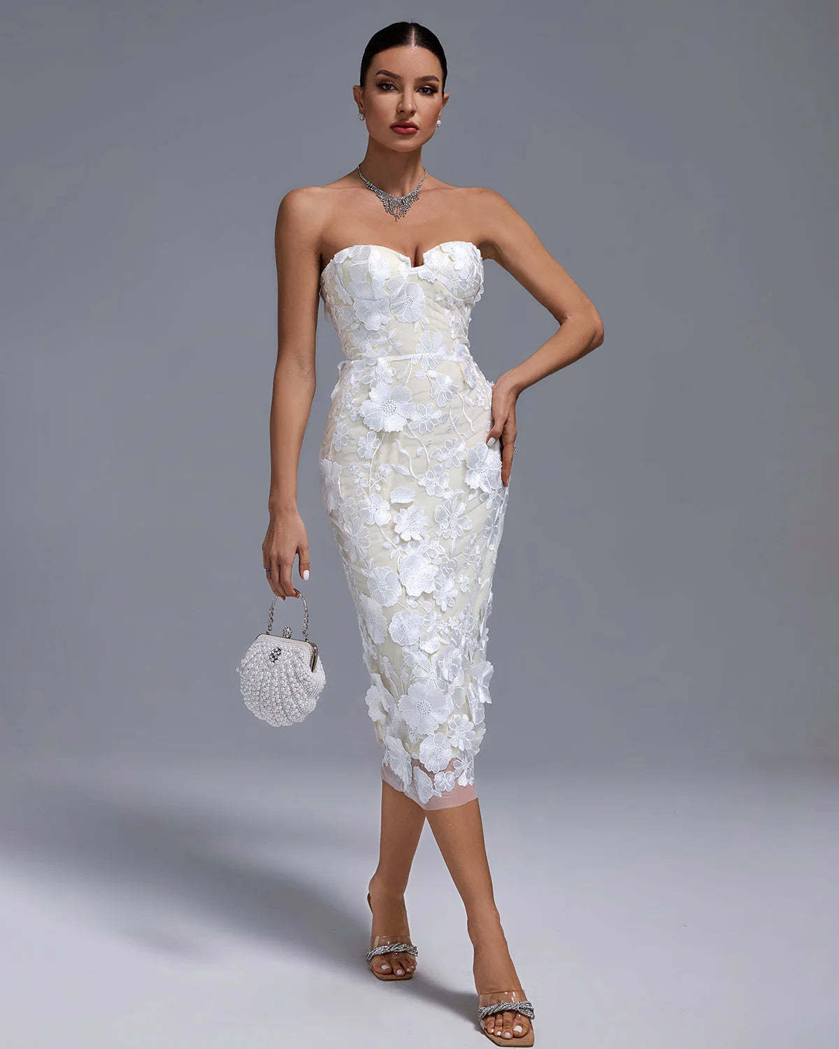 White Strapless backless Textured Floral Appliques Summer Birthday Midi Dress | Mix Mix Style