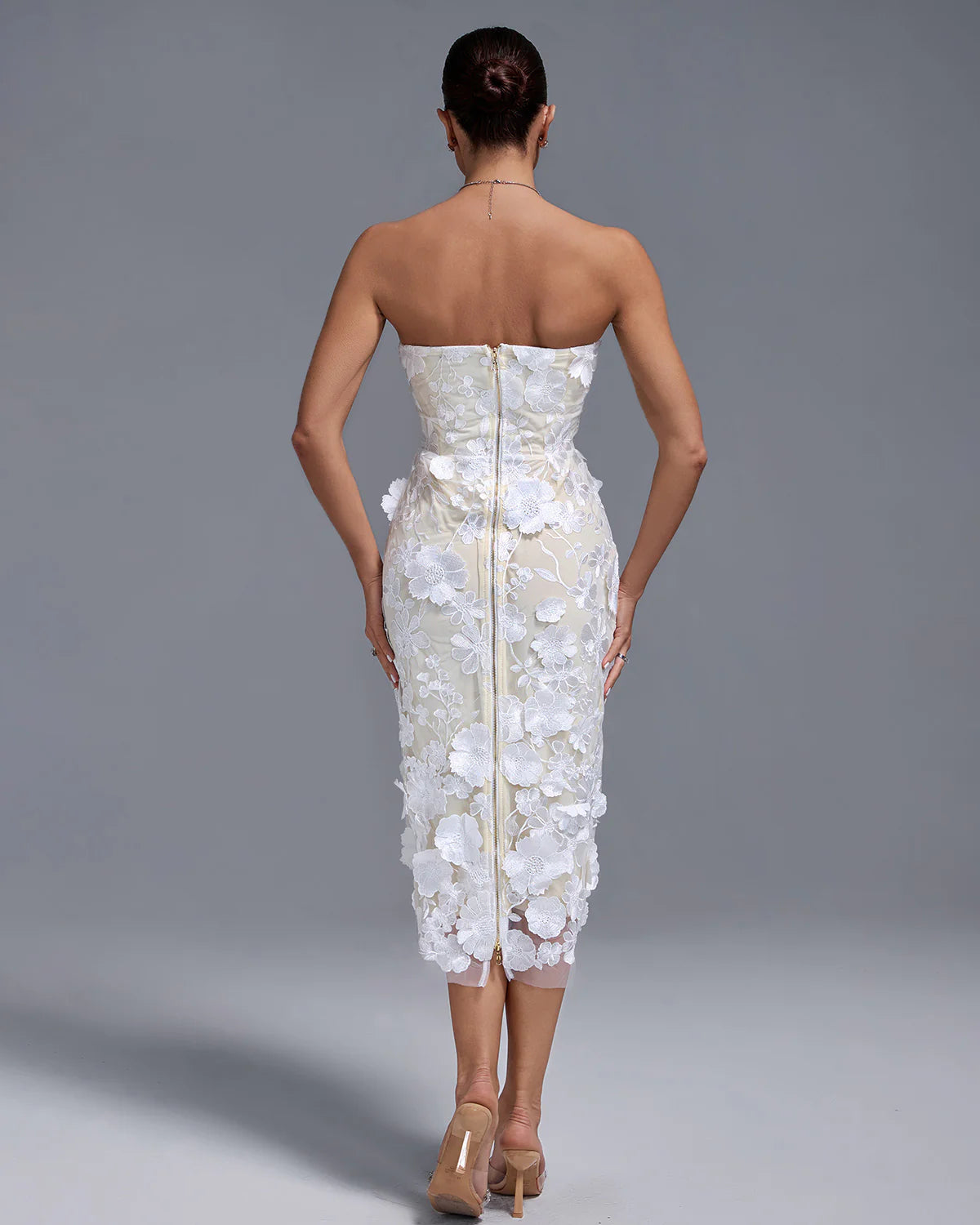 White Strapless backless Textured Floral Appliques Summer Birthday Midi Dress | Mix Mix Style