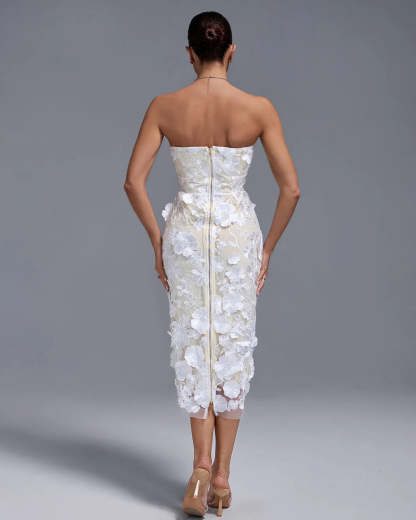 White Strapless backless Textured Floral Appliques Summer Birthday Midi Dress | Mix Mix Style
