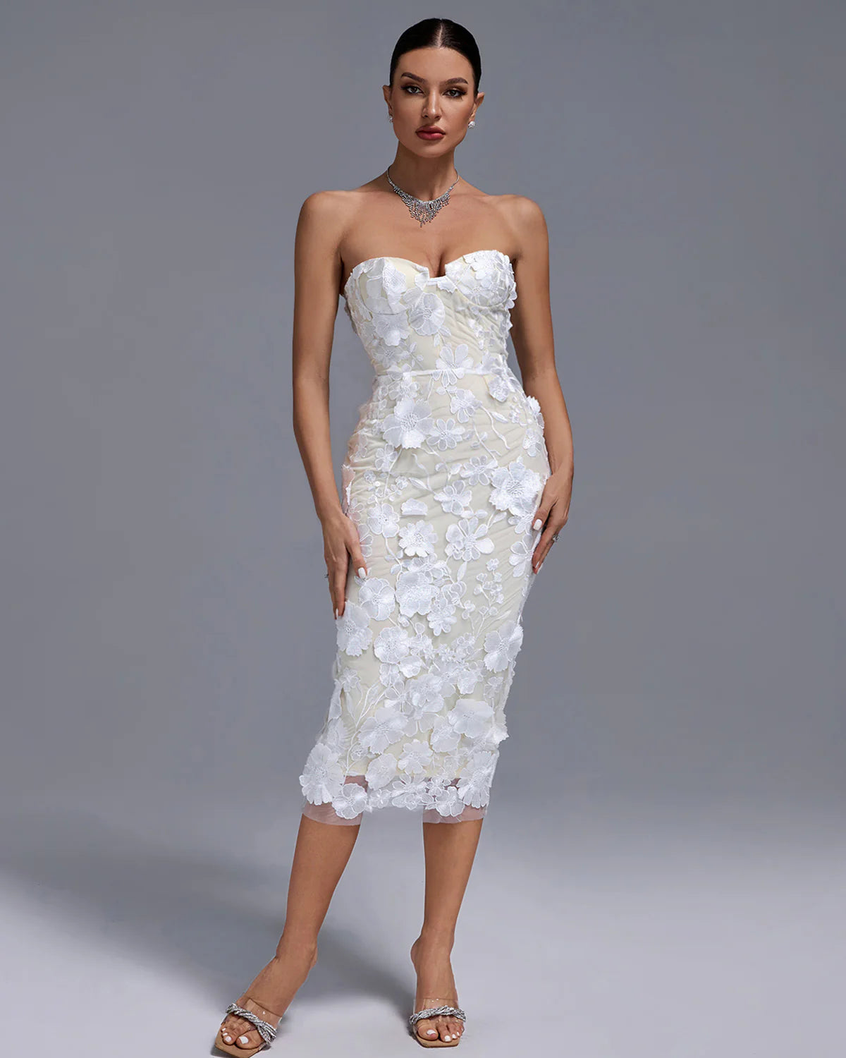 White Strapless backless Textured Floral Appliques Summer Birthday Midi Dress | Mix Mix Style