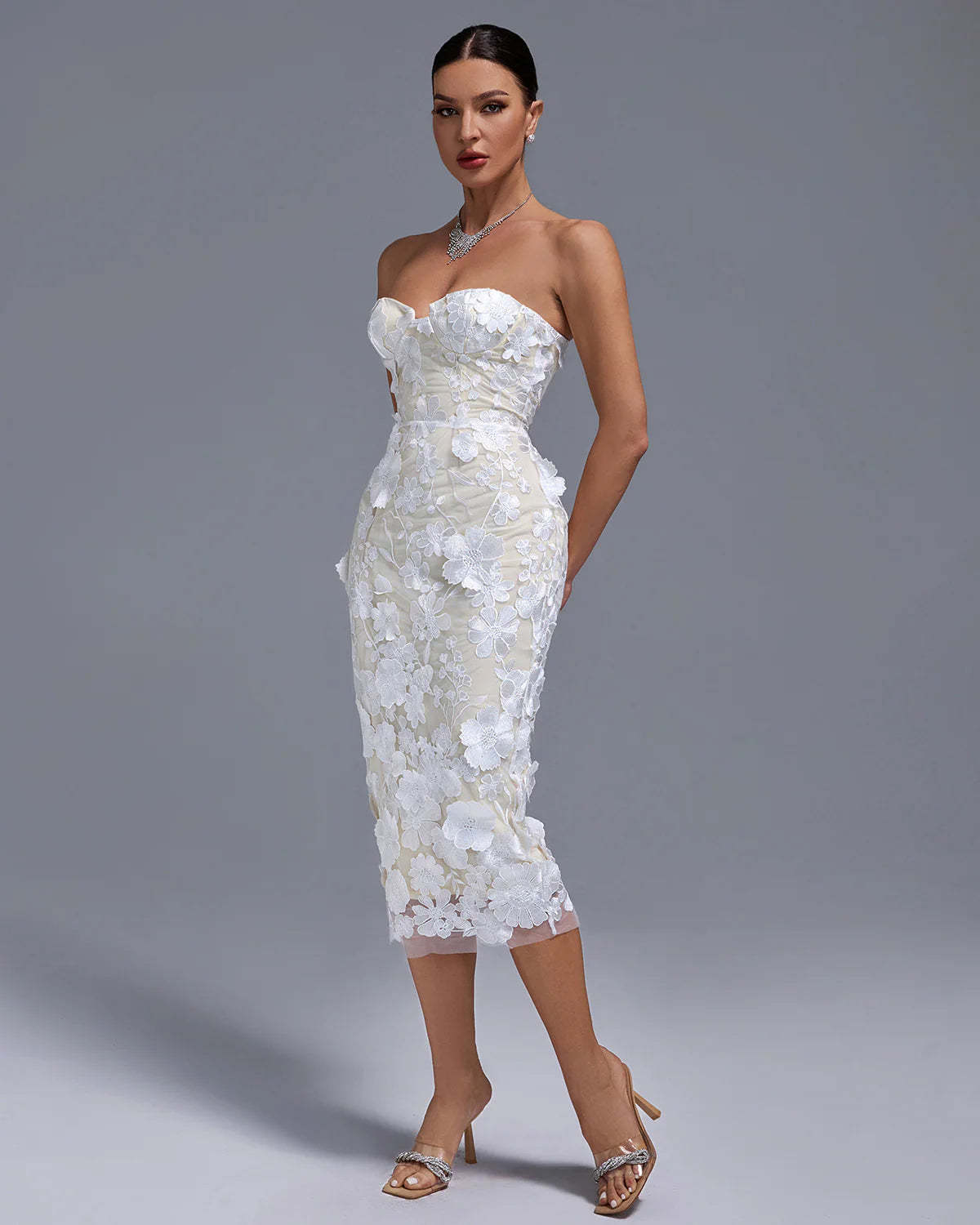 White Strapless backless Textured Floral Appliques Summer Birthday Midi Dress | Mix Mix Style