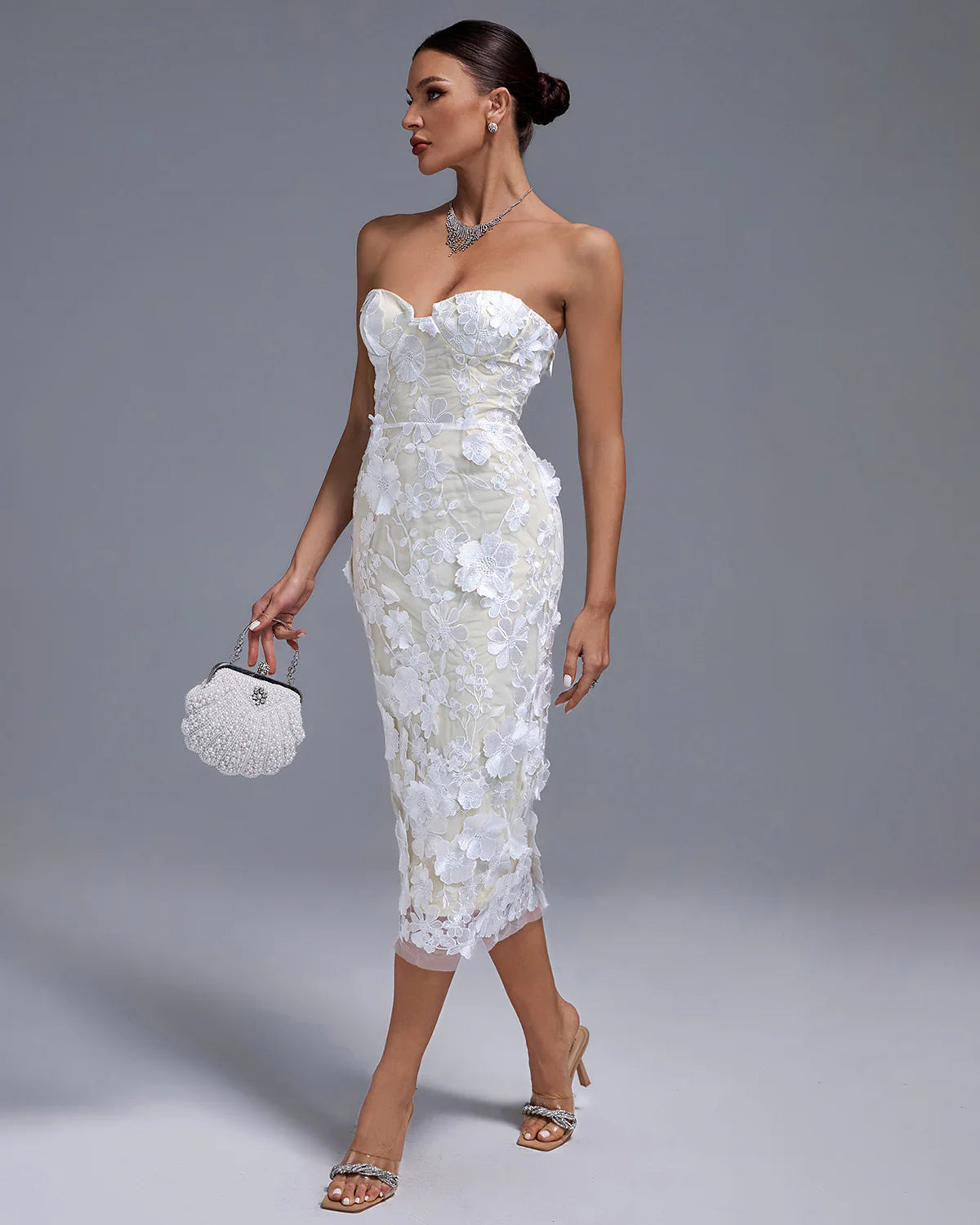 White Strapless backless Textured Floral Appliques Summer Birthday Midi Dress | Mix Mix Style