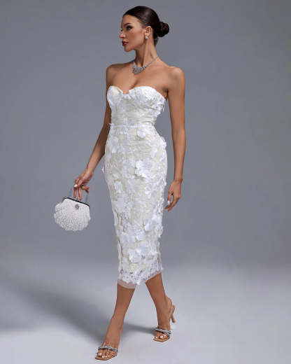 White Strapless backless Textured Floral Appliques Summer Birthday Midi Dress | Mix Mix Style