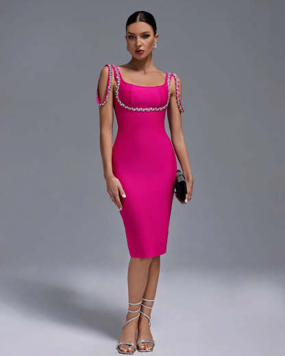 Hot Pink Strappy Square Neck Diamonate Bandage Birthday Party Midi Dress | Mix Mix Style