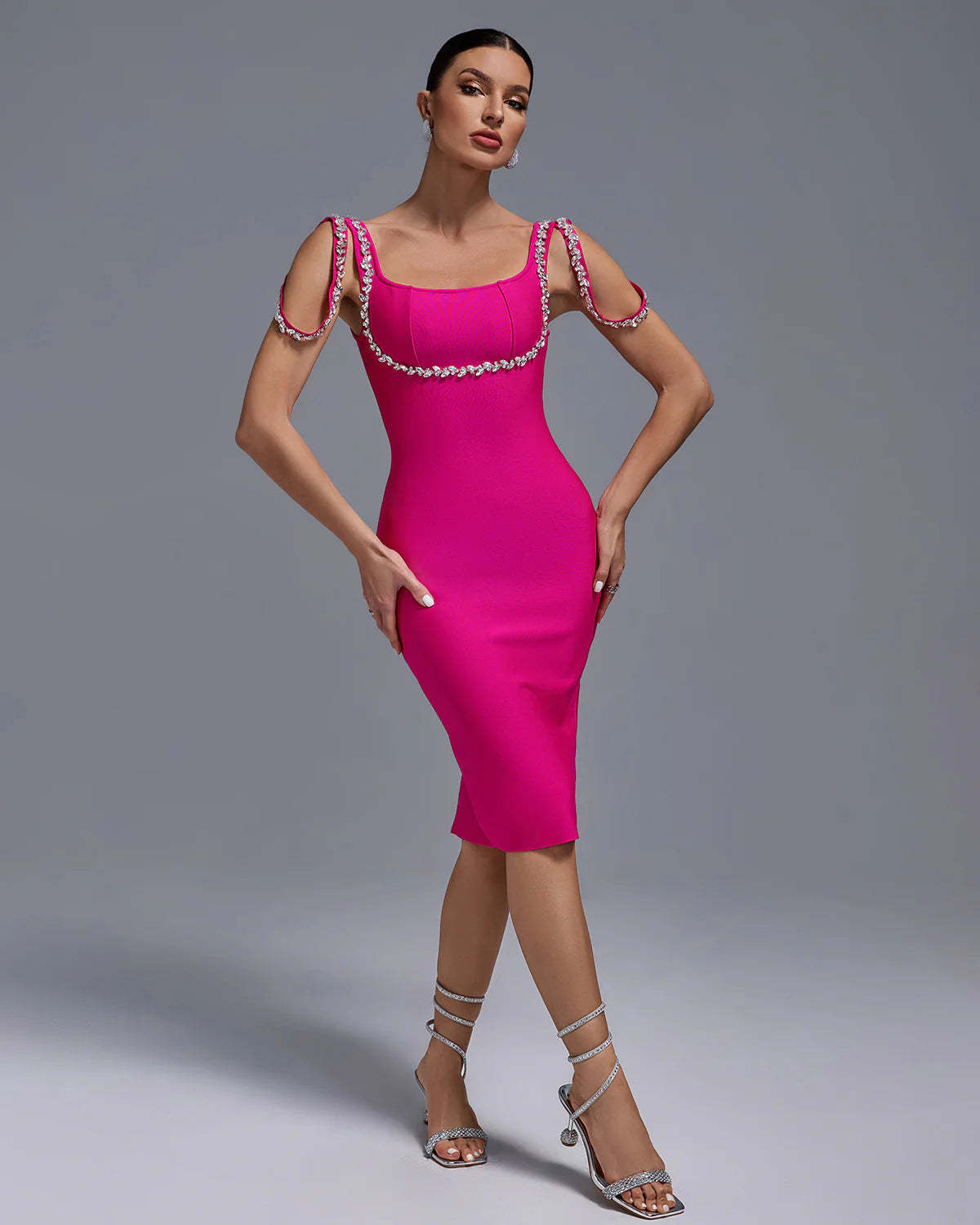 Hot Pink Strappy Square Neck Diamonate Bandage Birthday Party Midi Dress | Mix Mix Style