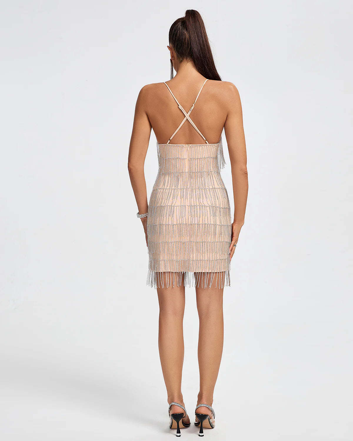 Beige Strappy V-neck Crystal Fringe Tassel Backless Party Date Mini Dress | Mix Mix Style