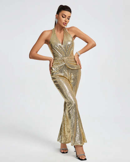 Gold Metallic V-neck sleeveless ruched backless Halter Sequins Jumpsuit | Mix Mix Style | Mix Mix Style