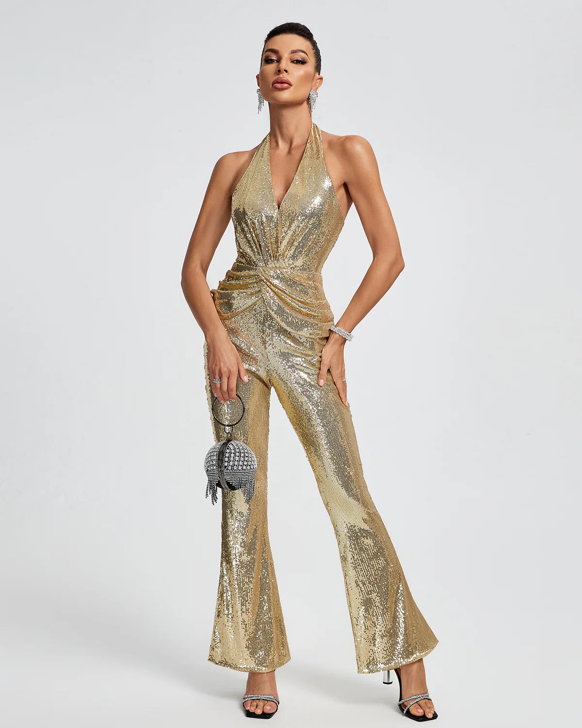 Gold Metallic V-neck sleeveless ruched backless Halter Sequins Jumpsuit | Mix Mix Style | Mix Mix Style