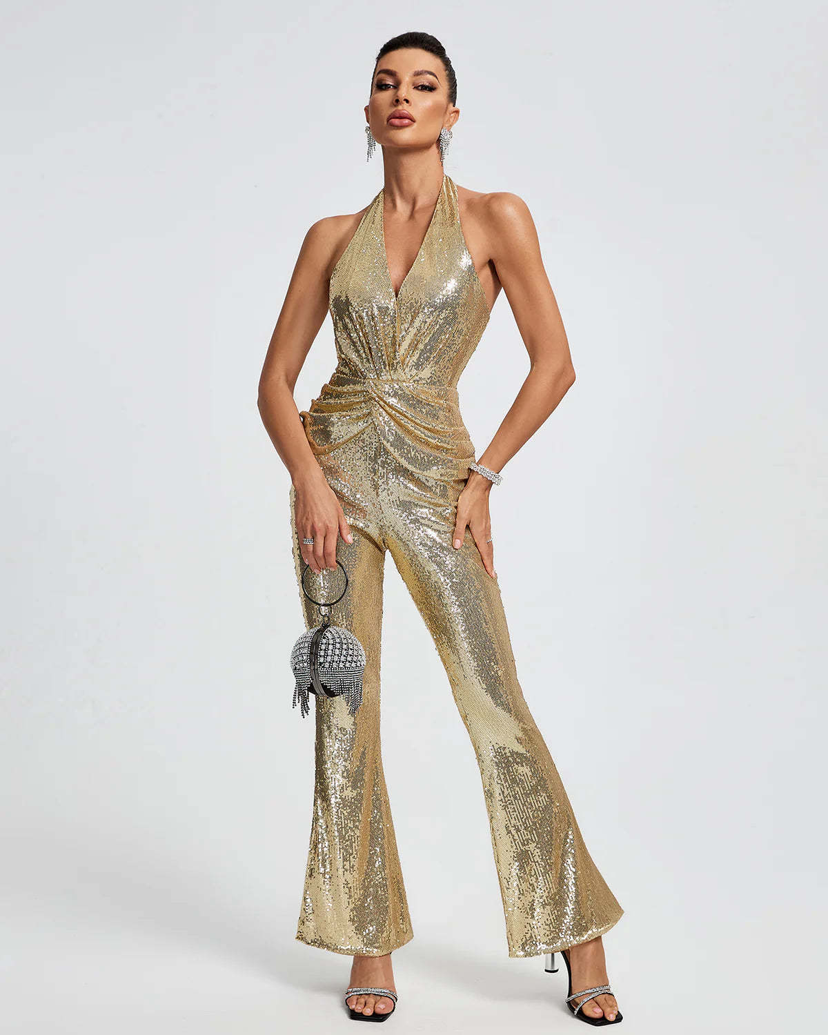 Gold Metallic V-neck sleeveless ruched backless Halter Sequins Jumpsuit | Mix Mix Style | Mix Mix Style